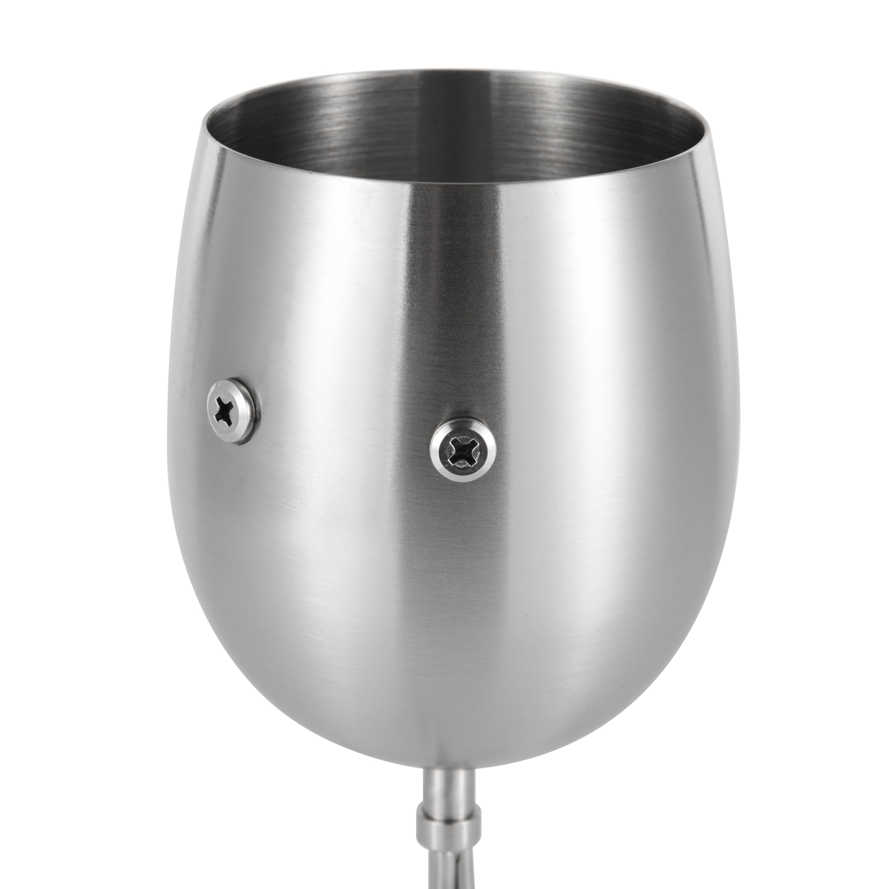 Close-up of BiBi’s the stainsteel wine glass's matte finish and curved cup shape