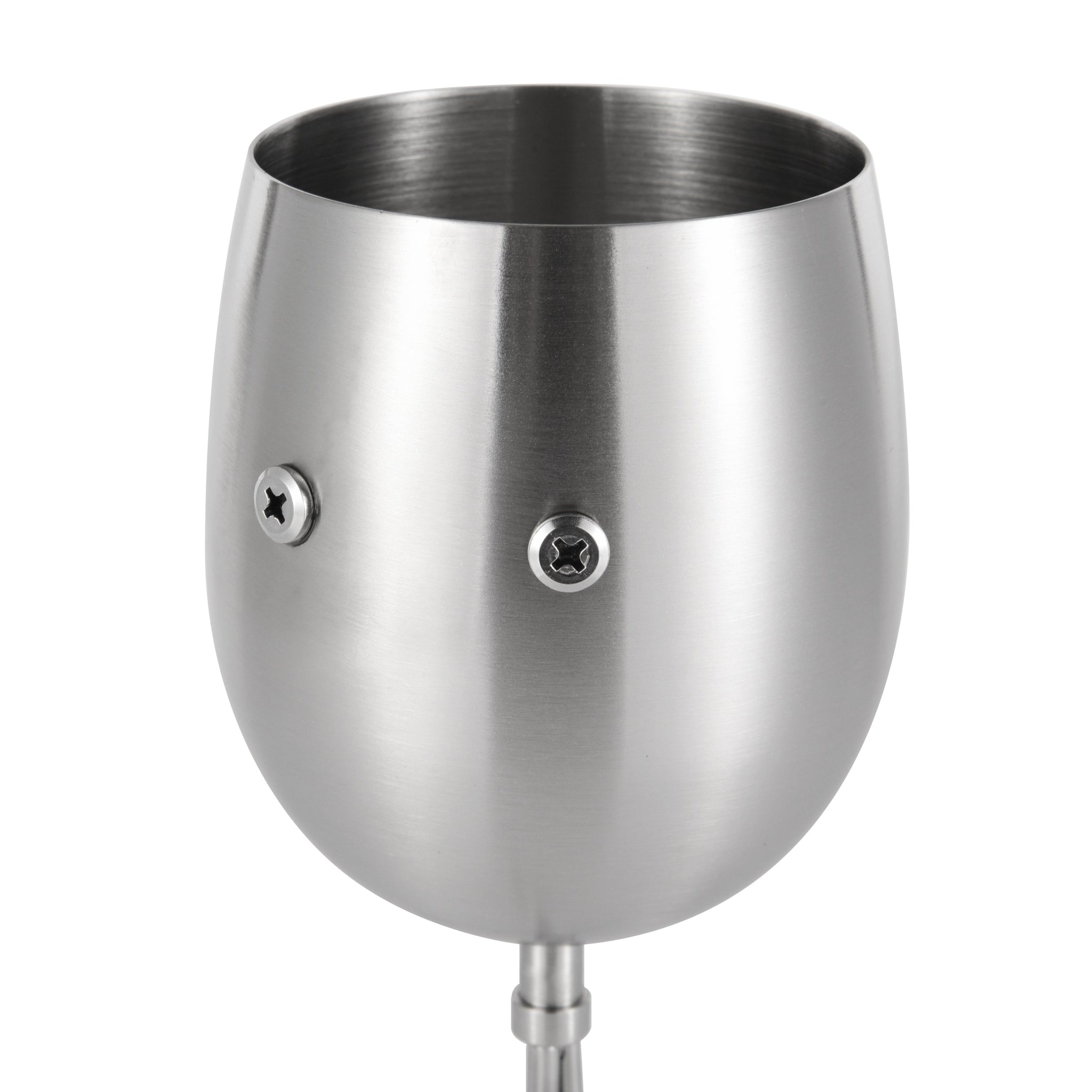 Close-up of BiBi’s the stainsteel wine glass's matte finish and curved cup shape