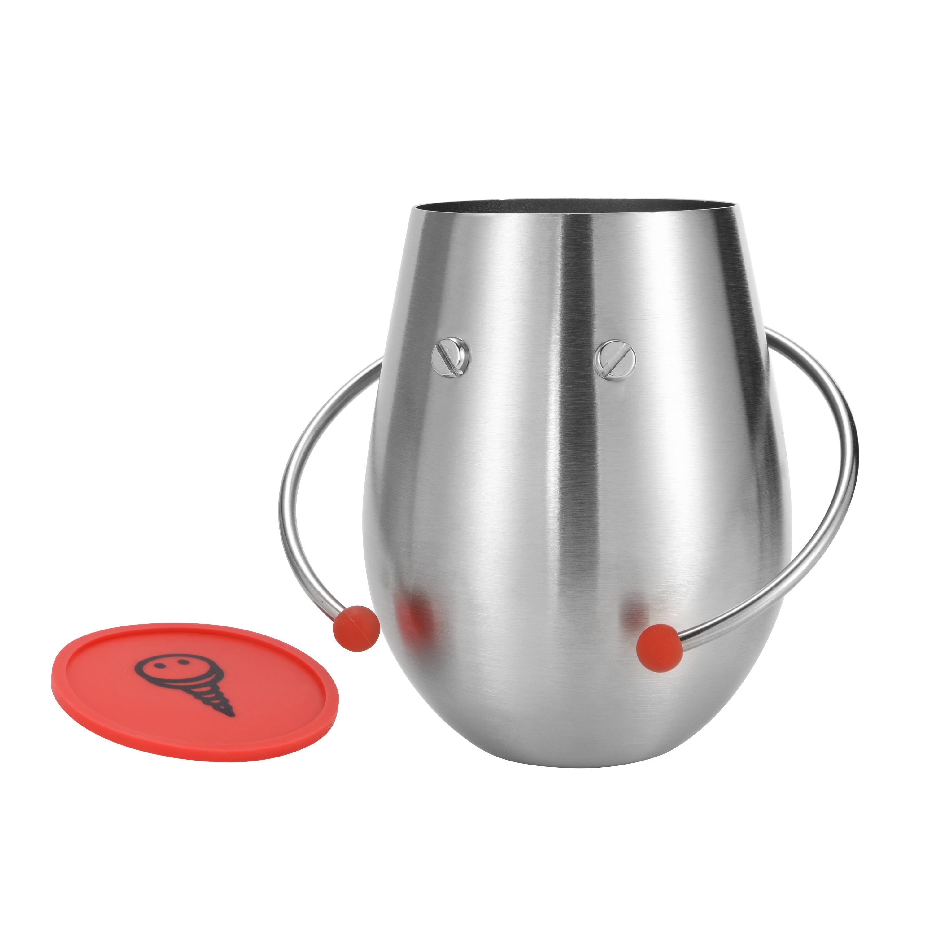 BoBo mug with coffee on table, stainless and playful design.