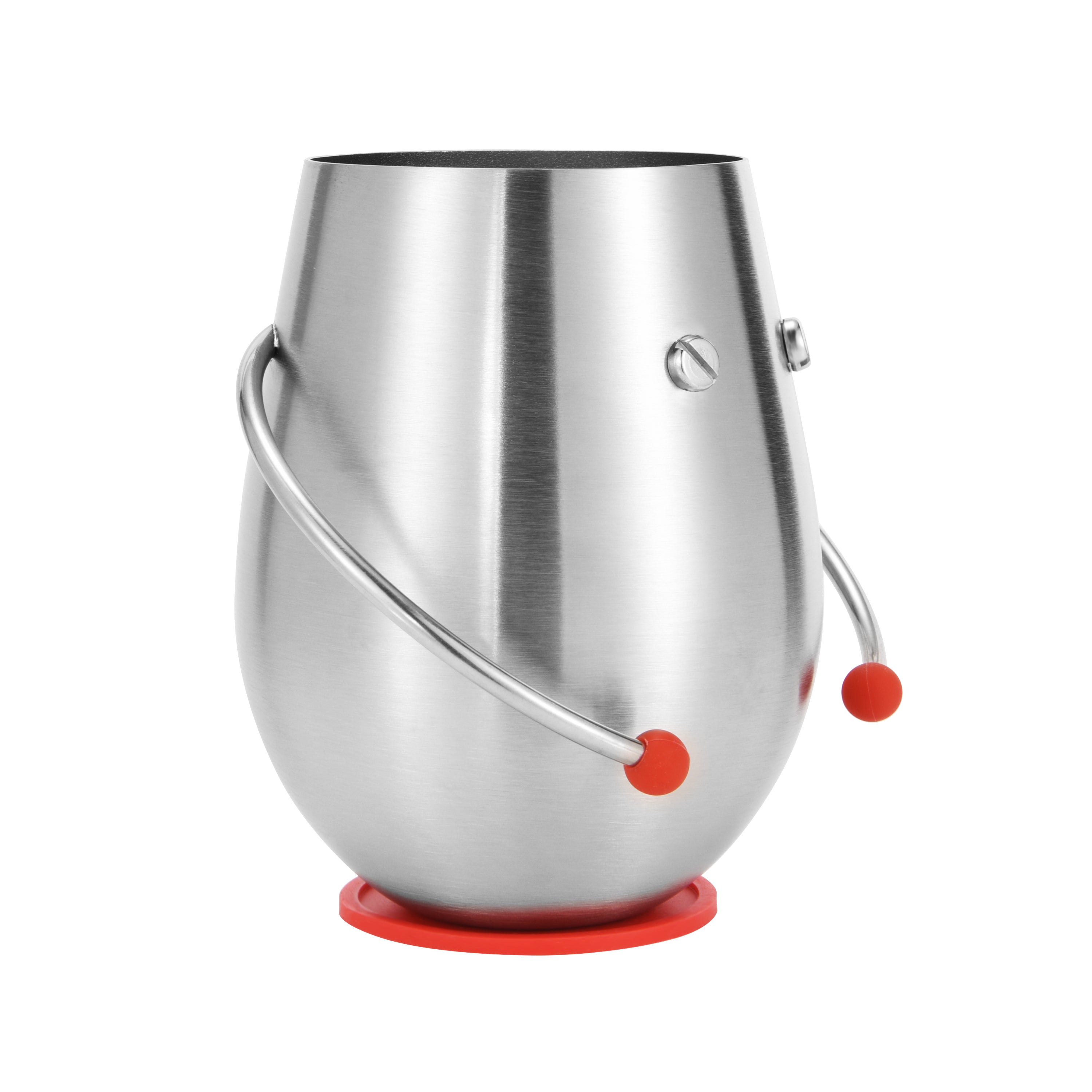 Side view of BoBo the stainless steel mug, design by PalForm with coaster.