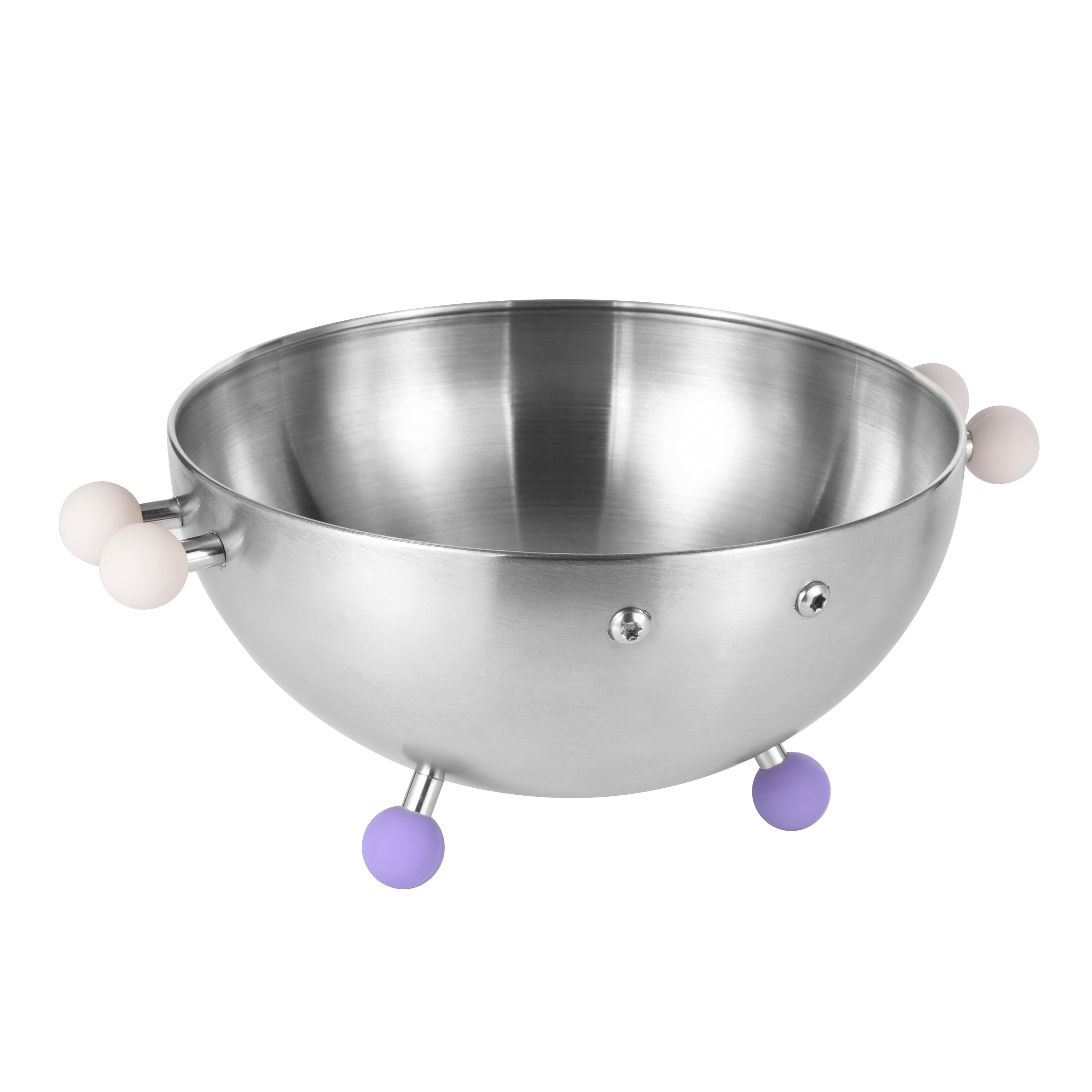 side view of Sasa metal salad bowl with quirky legs and hands